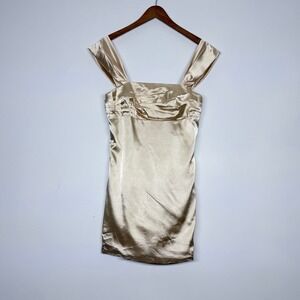Weinaze Champagne Gold Satin Mini Dress Sleeveless Pleated V-Back Size 4 NEW